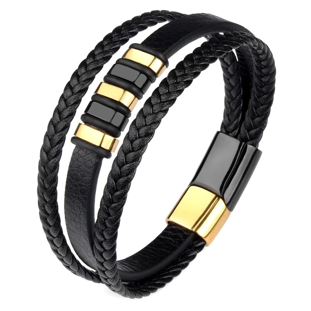 Mens Genuine Leather Stainless Steel Bracelet