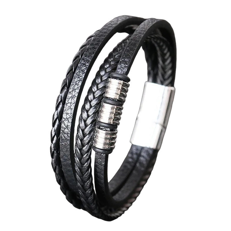 Mens Genuine Leather Stainless Steel Bracelet Magnetic Clasp