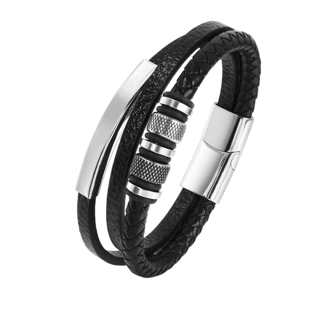 Mens Genuine Leather Stainless Steel Magnetic Clasps Bracelet