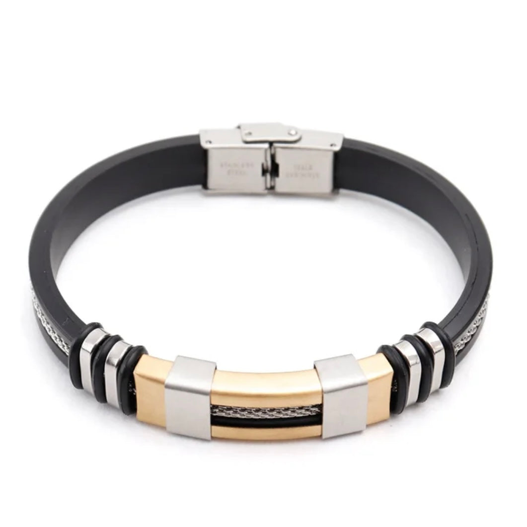 Mens Gold Plated Stainless Steel Rubber Bracelet