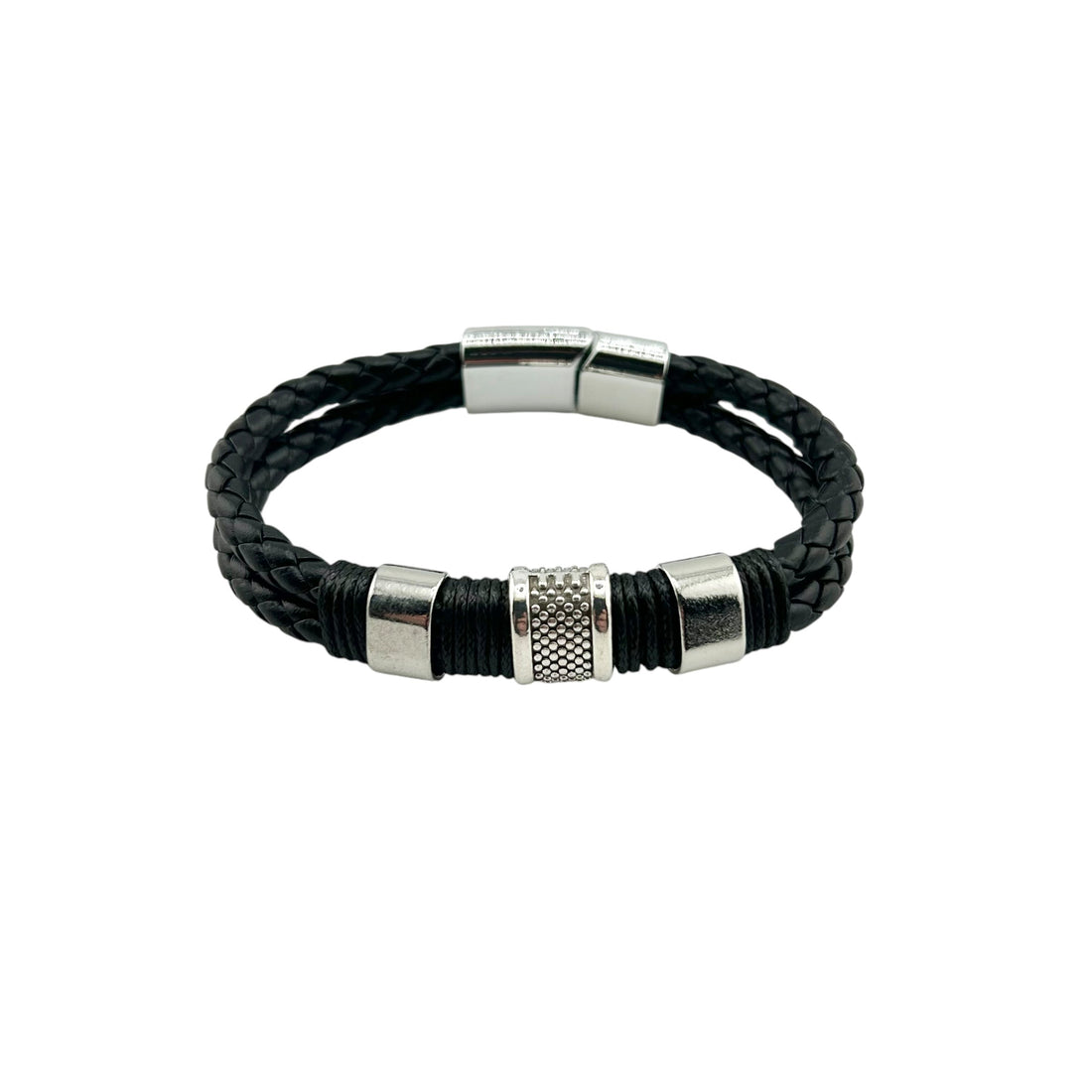 Mens Genuine Leather Stainless Steel Bracelet Magnetic Clasp