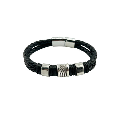 Mens Genuine Leather Stainless Steel Bracelet Magnetic Clasp